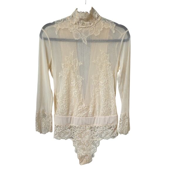 We Are Hah Tops - We Are HAH x Free People Take HAH Bow Reversible Bodysuit Cream Lace Womens L